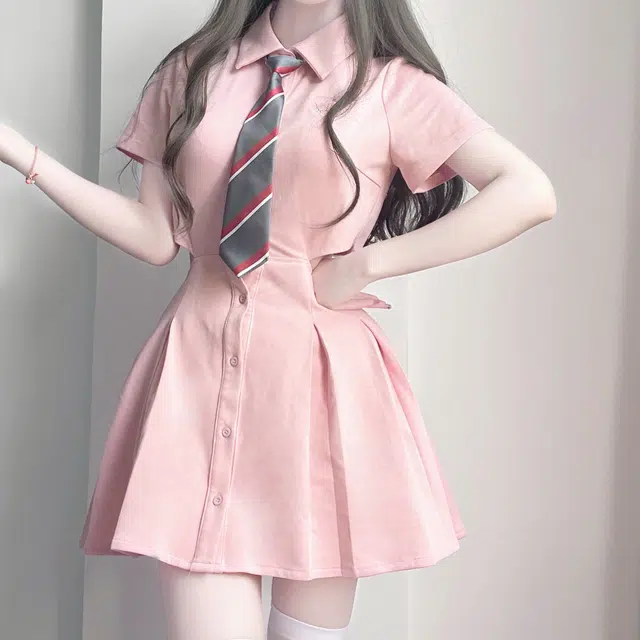纯色衬衫领短袖连衣裙 女款 粉红色
