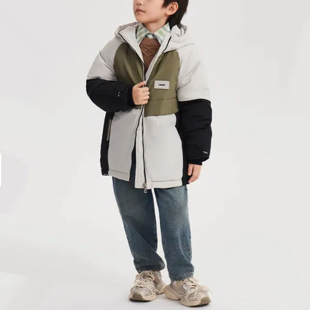 皇室童缘 拼色防风连帽保暖鸭绒羽绒服 杏色 青少年