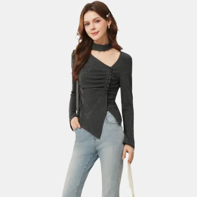 爱依服 舒适休闲百搭简约长袖纯色针织衫 女款 深灰