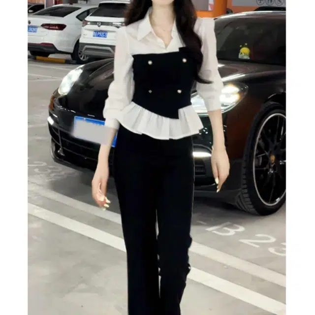 梨九九 早秋穿搭喇叭裤两件套女时尚高级感衬衫休闲套装 女款
