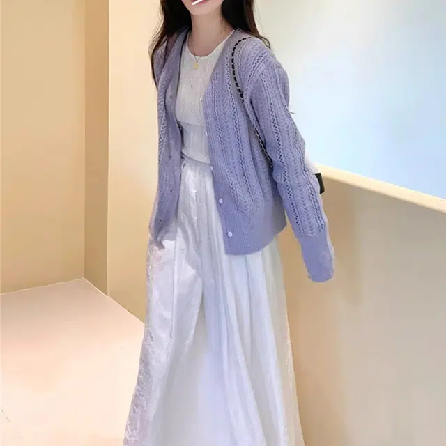 海獭 圆领休闲长袖针织开衫宽松纯色无袖连衣裙高级感镂空法式气质温柔风舒适裙装套装 女款