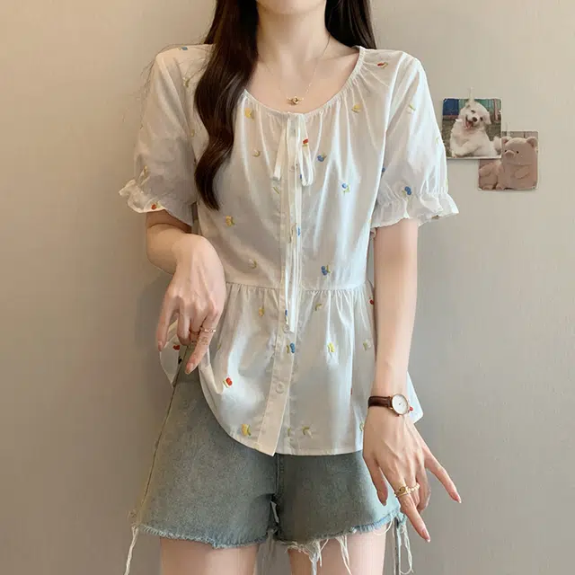 黛尔佳人 简约小清新碎花拼接短袖衬衫 女款