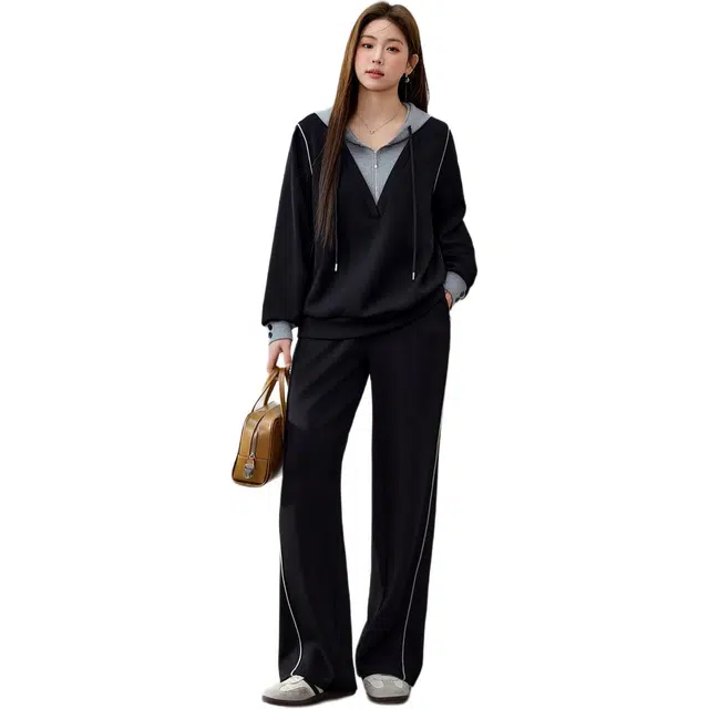 纤莉秀 时尚个性连帽长袖休闲套装 女款 黑色