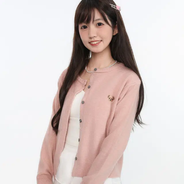 御茶家 可爱小熊刺绣开衫单排扣宽松针织衫 女款 紫色