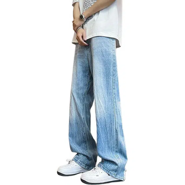 袋鼠 美式裂纹裤百搭直筒裤时尚个性垂感牛仔裤 男款