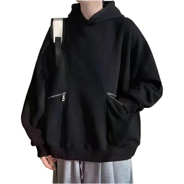 北极绒 设计感拉链口袋连帽秋装加肥加大码潮胖人宽松运动上衣外套设计感拉链口袋连帽潮套头卫衣 男款