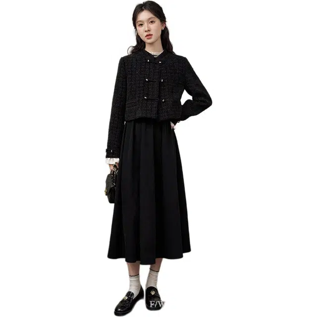 鹿向南 黑色收腰气质长裙女士长袖连衣裙 女款