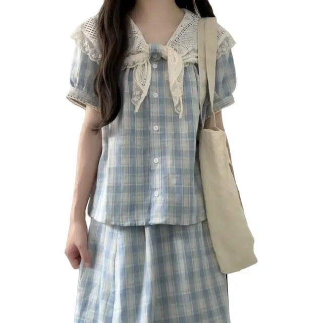 珠蒂美 学院法式甜美风蕾丝拼接格纹裙装套装 女款