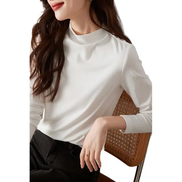 沫晗依美 纯色半高领宽松长袖针织衫 女款 白色