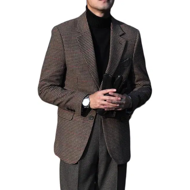 大格子与黑猫 意式复古格纹羊毛呢绅士修身西服英伦商务格子雅痞秋冬千鸟格 西装 男款