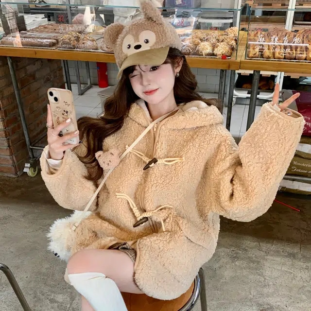 花山家的猫 连帽纯色软糯舒适长袖棉服 女款 卡其色