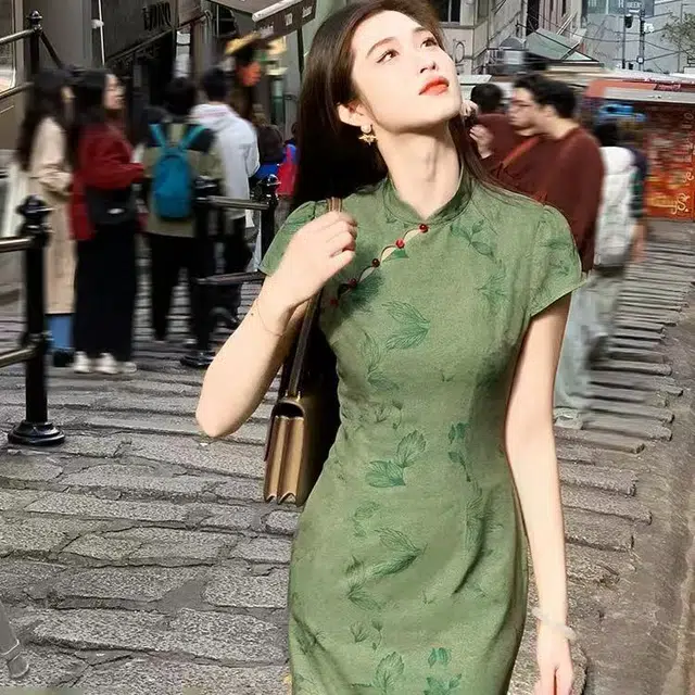 格子苔 丹青绿色新中式碎花改良旗袍女夏小个子短袖连衣裙 女款