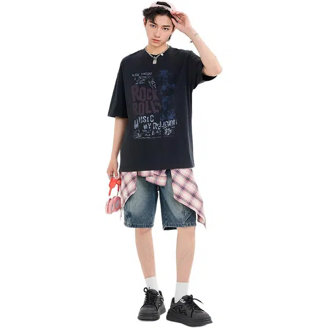 三福 飘带街潮宽松直筒裤中腰五分裤牛仔短裤 男款