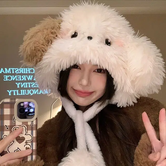 【小狗模拟器~秋冬入】 攸委 可爱卡通腮红狗狗耳朵保暖加厚 涤纶 绒线帽 男女同款情侣款