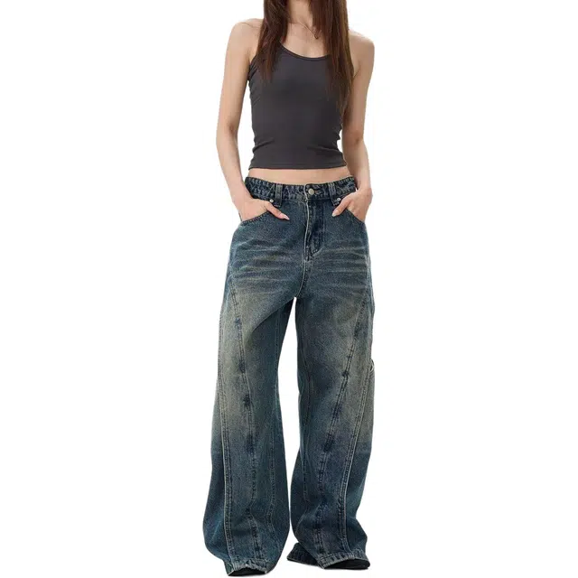 竺妃 美式复古拼接解构阔腿裤小众设计感宽松直筒潮牌长裤牛仔裤 女款