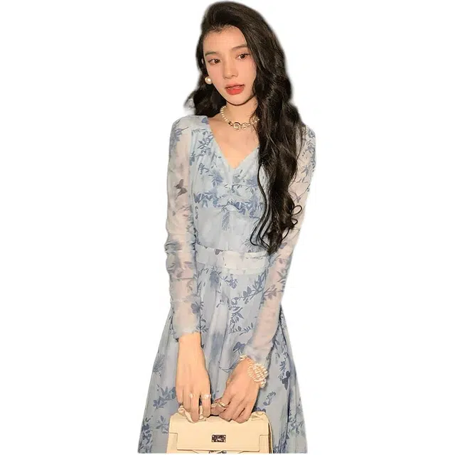 木清清 法式碎花打底弹力收腰复古气质长袖连衣裙 女款 蓝岩花