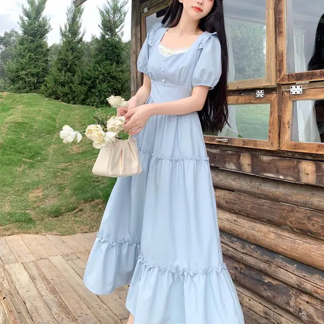 古莲菲 高级感气质拼接小清新温柔风初恋裙短袖连衣裙 女款 蓝色