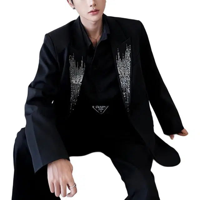 冈哉 美式手工绣珠西服创驳领垫肩休闲夹克外套春秋季纽扣宽松个性百搭舒适高街潮流通勤西装  男女同款