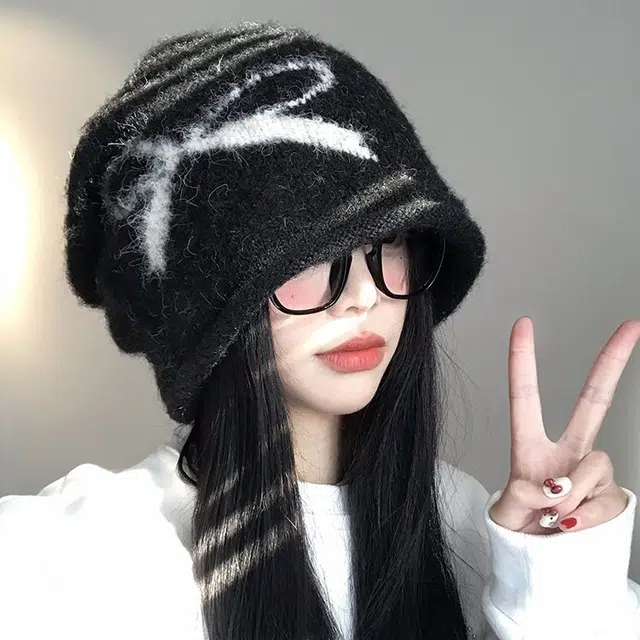 【版型好~秋冬必备】 攸委 蝴蝶结黑色堆堆帽女冬季保暖加厚时尚百搭 涤纶 复古大头围显脸小针织冷帽护耳帽包头帽子 男女同款情侣款
