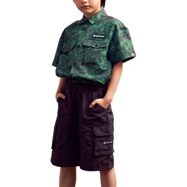 伊佳林 简约方领单排扣短袖上衣松紧腰短裤休闲运动套装 儿童款 侏罗纪世界