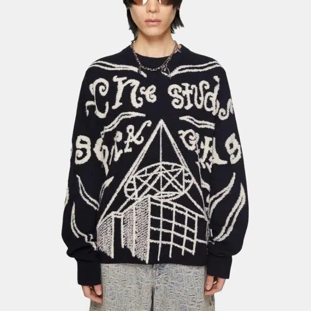 Acne Studios Crew Neck Printed Knit Sweater Black