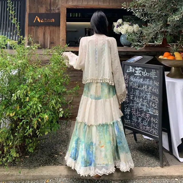 古莲菲 海边度假风女神范油画人生裙系带蝴蝶结贝壳设计感吊带长裙外搭两件套裙装套装 女款