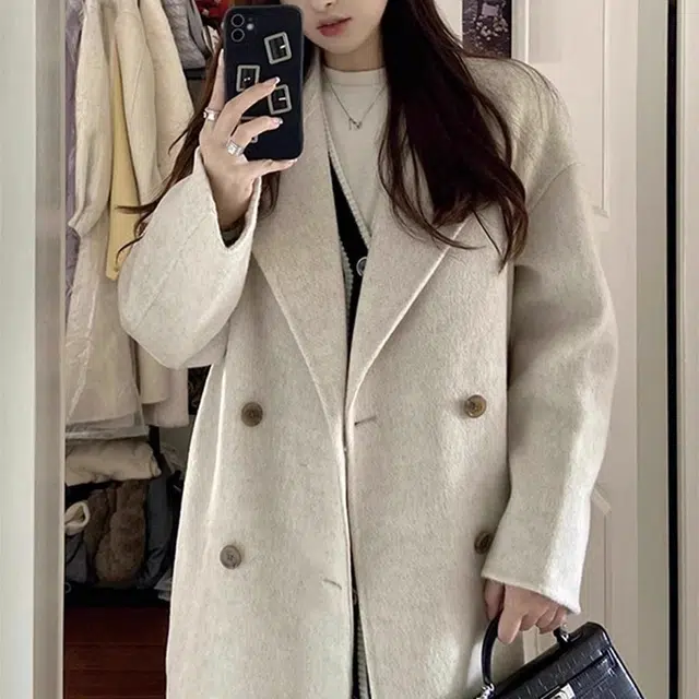 古莲菲 纯色双排扣中长款长袖大衣 女款 燕麦色