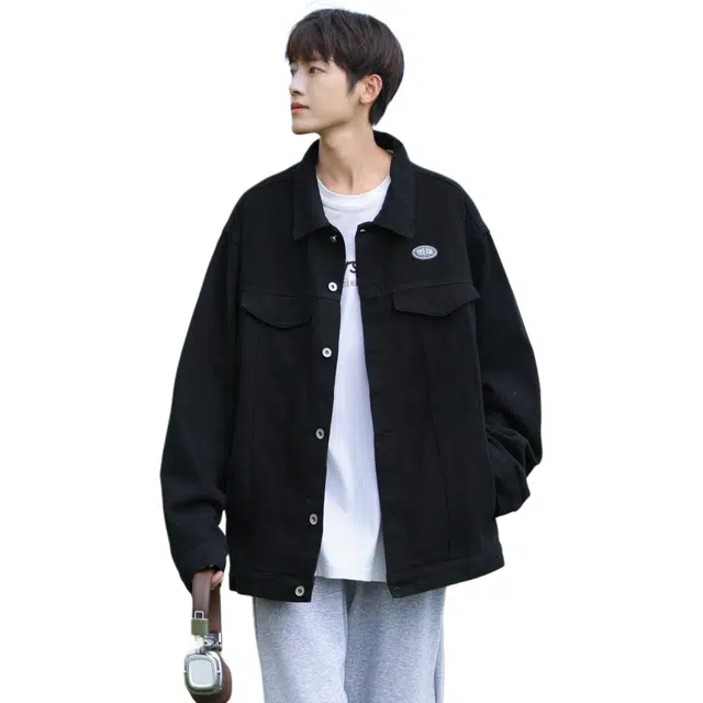 快鱼 美式复古秋款宽松型潮牛仔外套 男女同款