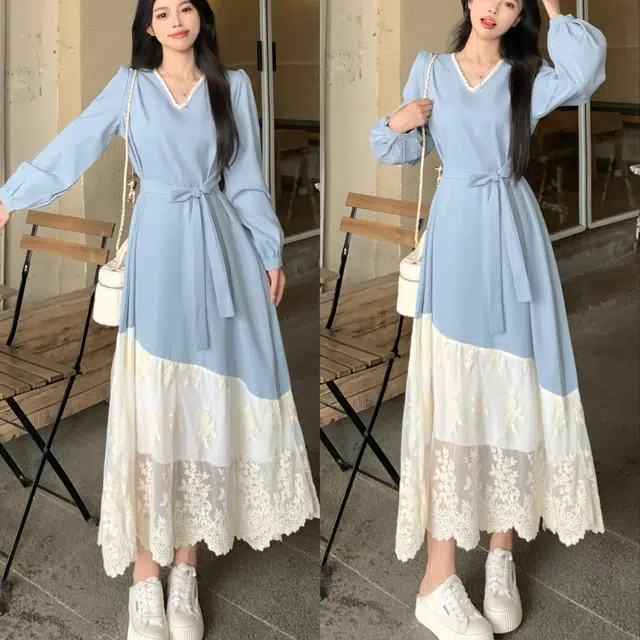 古莲菲 冷淡系法式高级感气质长袖连衣裙 女款 浅蓝色