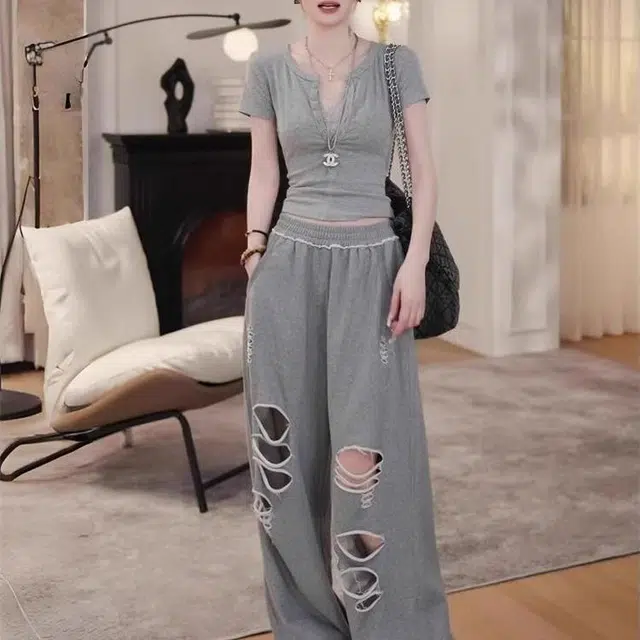 古莲菲 韩系修身拼接短袖破洞阔腿裤休闲套装 女款