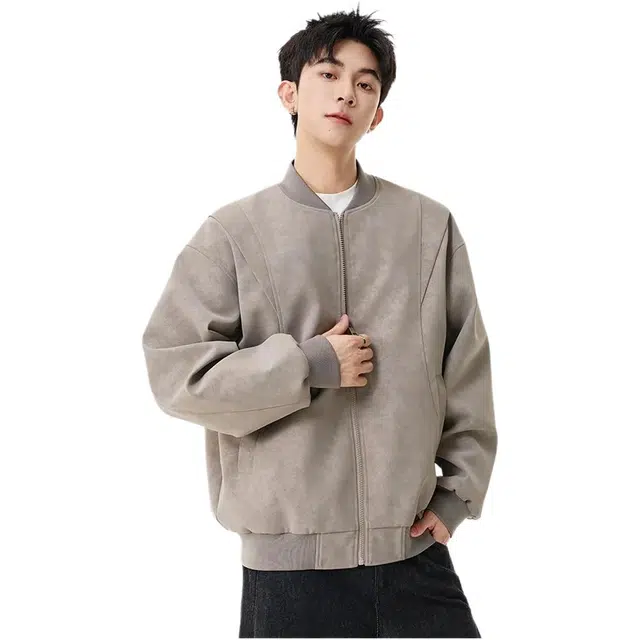 华夏儿女 秋季美式复古基础款松弛感纯色拉链夹克 男女同款