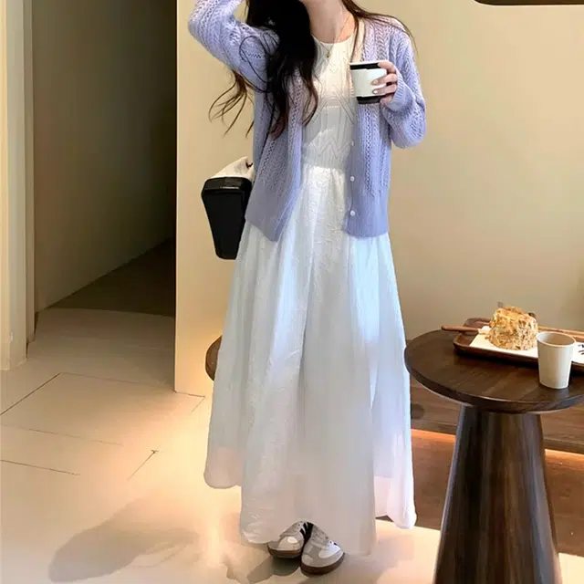 海獭 圆领休闲长袖针织开衫宽松纯色无袖连衣裙高级感镂空法式气质温柔风舒适裙装套装 女款