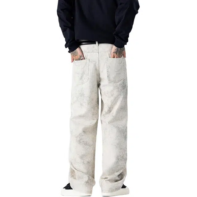帝狼牛 美式潮牌扎染水洗直筒裤街头百搭潮流工装牛仔裤 男女同款