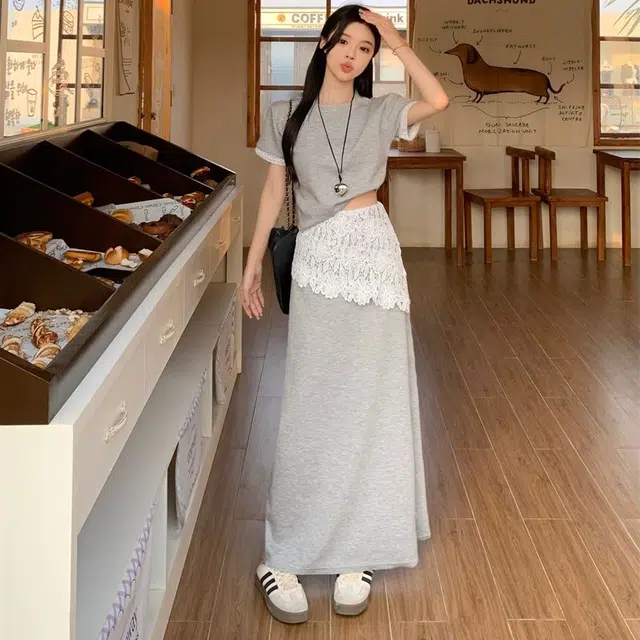 古莲菲 时尚拼接短袖两件套裙装套装 女款