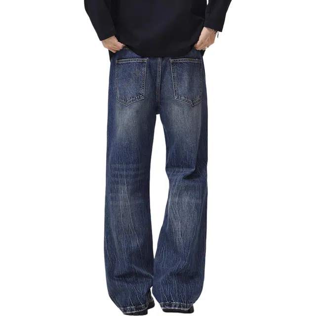 帝狼牛 高街做旧水洗闪电水波纹宽松直筒弹力垂感阔腿显瘦百搭牛仔裤 男女同款