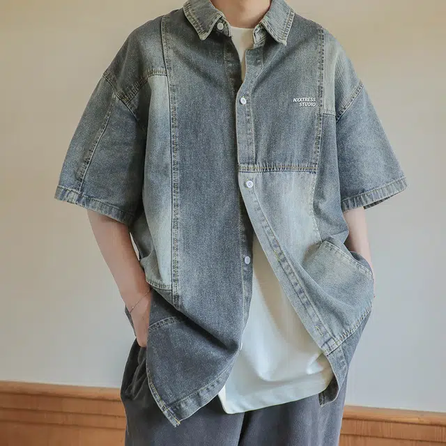 港仔文艺男 复古水洗拼接牛仔短袖衬衫 男款 蓝色