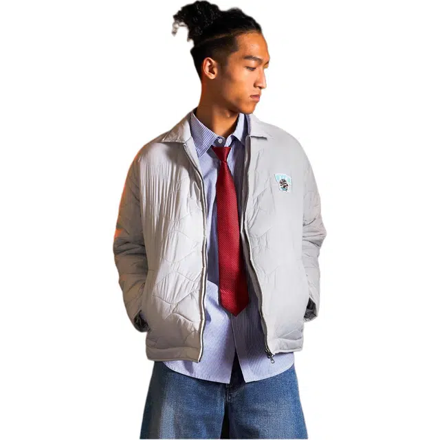 华人青年 贴布绣翻领绗棉格形纹理夹克 男款 灰色