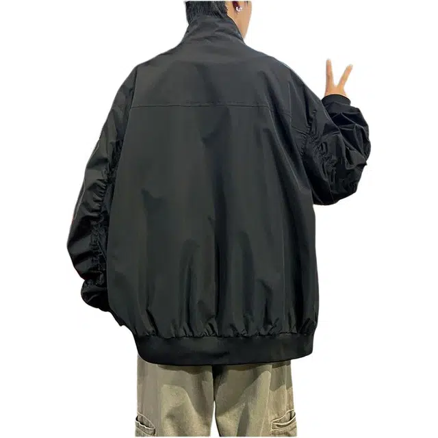 法文箱子 美式复古纯色立领宽松外套极简百搭设计感工装夹克 男款