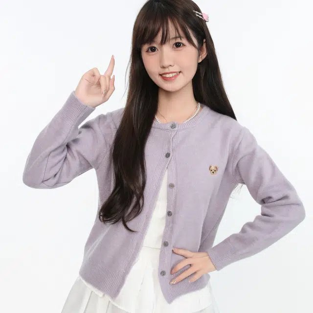 御茶家 可爱小熊刺绣开衫单排扣宽松针织衫 女款 紫色