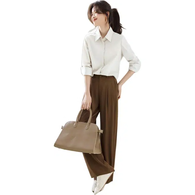 沫晗依美 挺括轻职场纯色常规长袖翻领商务通勤日常便服宽松腰衬衫 女款