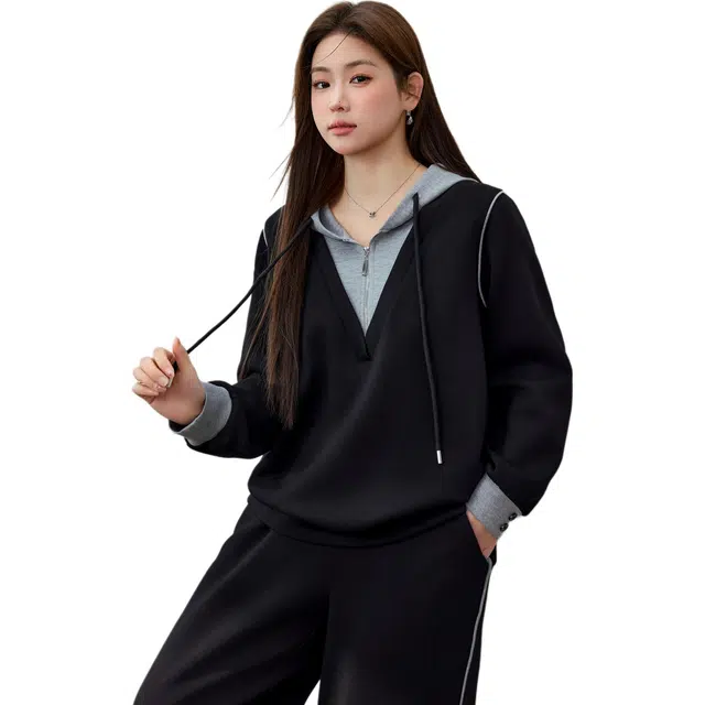 纤莉秀 时尚个性连帽长袖休闲套装 女款 黑色