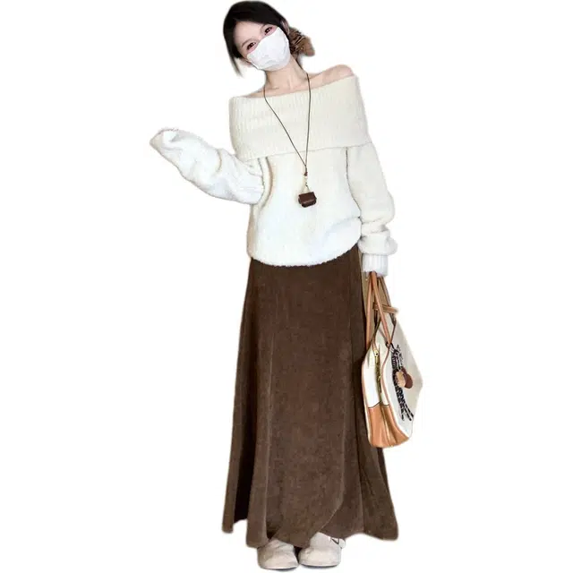 思蓓儿 秋冬韩版慵懒软糯一字肩套头露肩长袖女上衣针织衫 女款