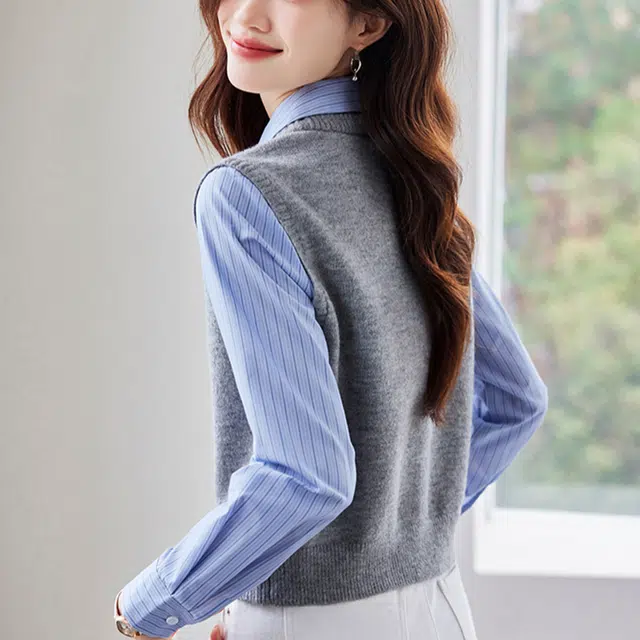 曲韩 时尚假两件条纹长袖衬衫 女款 蓝色