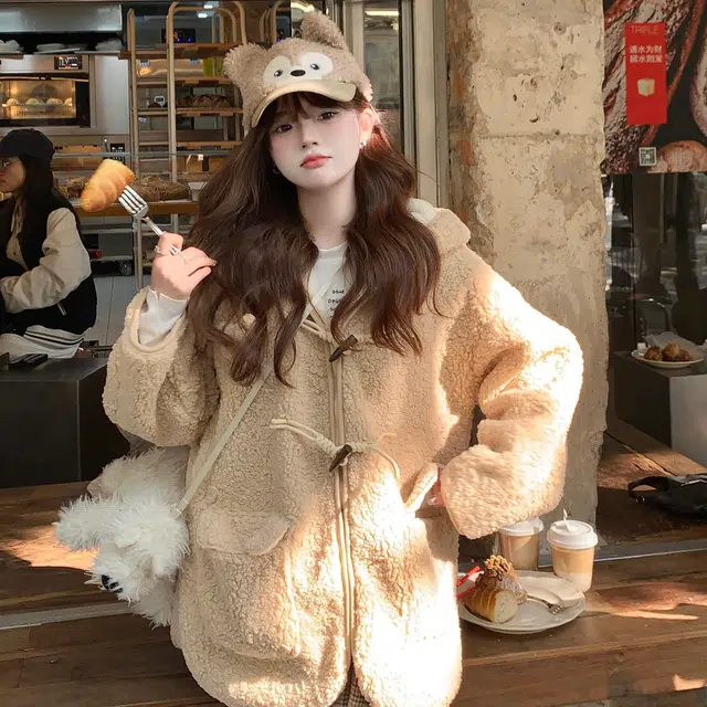 花山家的猫 连帽纯色软糯舒适长袖棉服 女款 卡其色