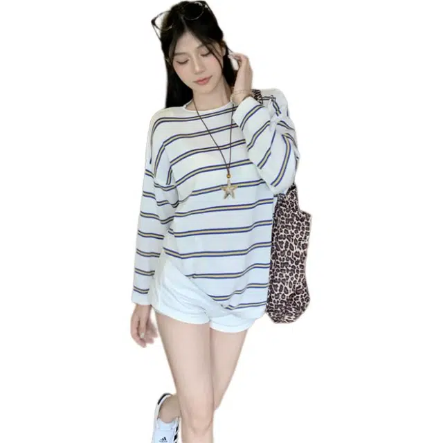 梨九九 撞色条纹长袖秋季宽松薄款防晒衫针织衫 女款