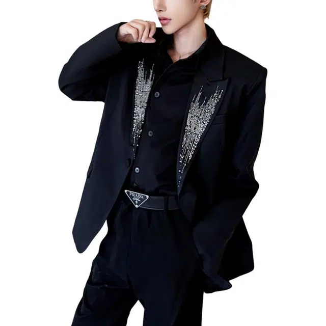 冈哉 美式手工绣珠西服创驳领垫肩休闲夹克外套春秋季纽扣宽松个性百搭舒适高街潮流通勤西装  男女同款