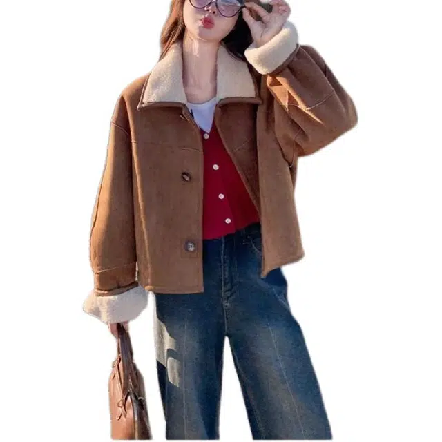 水中花 皮毛一体可双面穿小个子时尚气质加厚短款上衣截短外套 女款