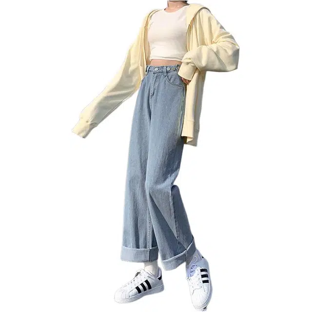 雅羊人 高腰显瘦小个子宽松垂感阔腿裤子牛仔裤 男女同款 浅复古