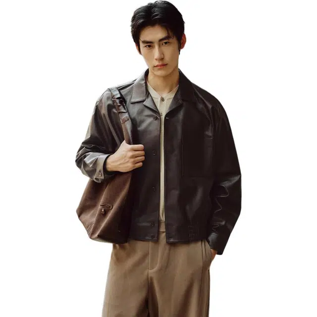 PEACEBIRD MEN Sharp Leather Jacket Brown