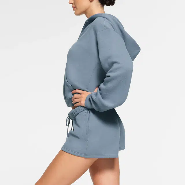 SKIMS COTTON FLEECE CLASSIC ZIP UP HOODIE STEEL BLUE